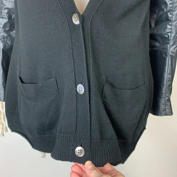 Sacai Black Button Down Cardigan with Quilted Nylon Sleeves and Wrist Zippers - Picture 7 of 14